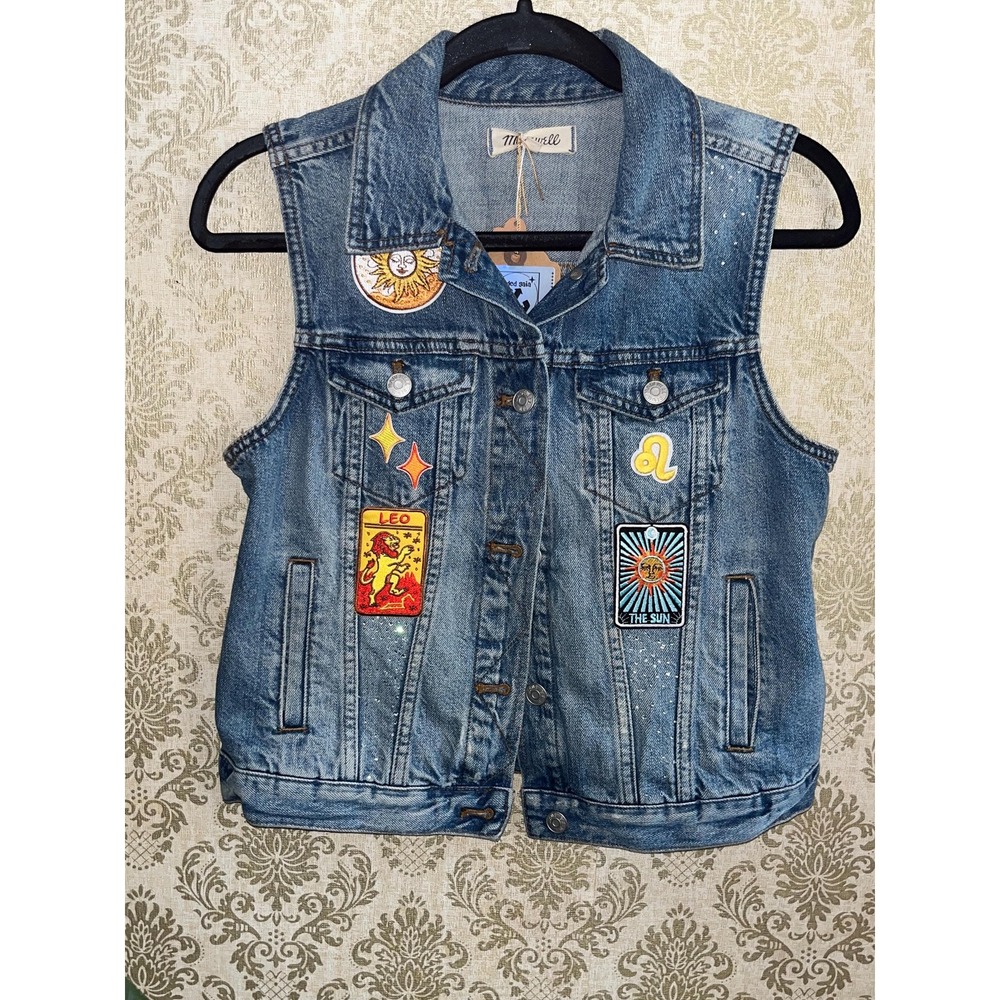 Leo Zodiac Lion Fire Sign Women's Denim Jean Vest Upcycled OOAK Sz. Medium